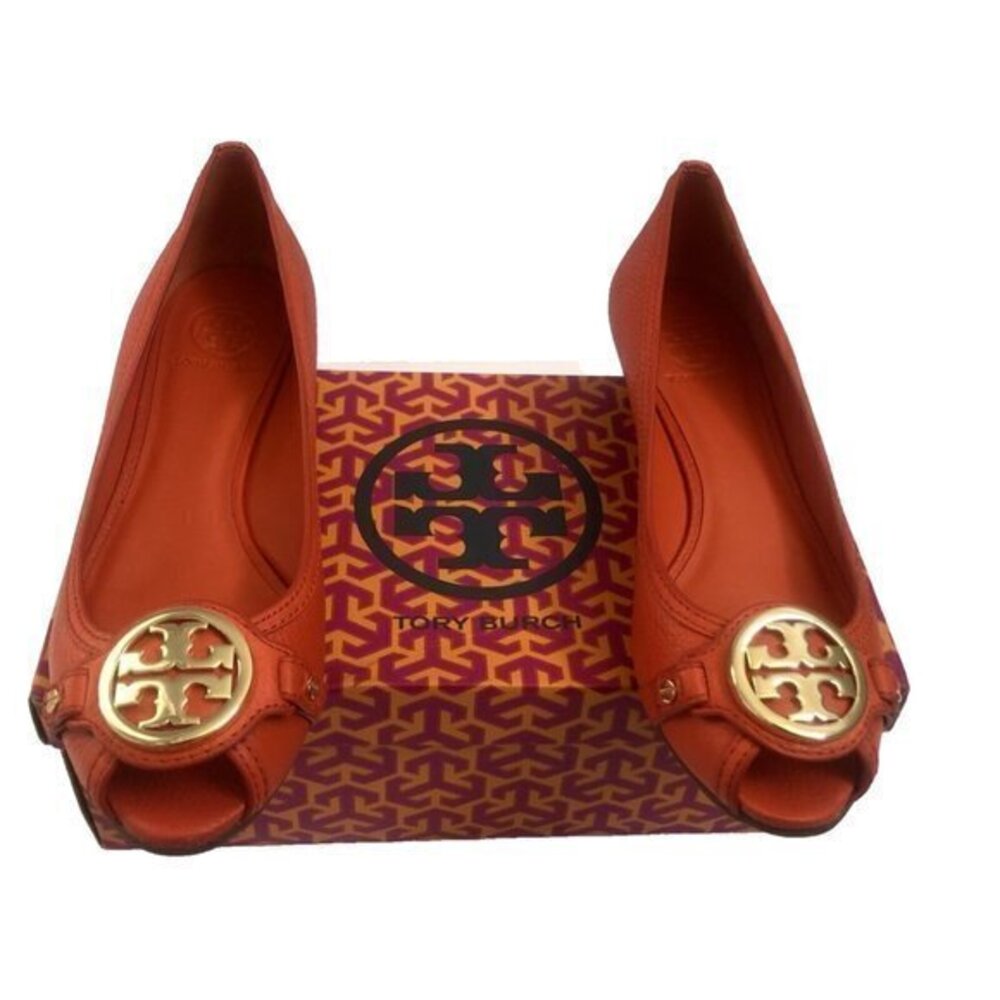 Tory Burch Orange Peep-Toe Wedge Flats with Gold Logo